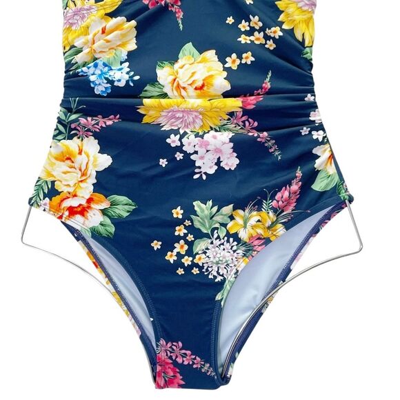 NWT Cupshe Tropical Floral Cutout One Piece Swimsuit Navy Pink Yellow Size XS - Picture 10 of 15